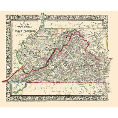 Virginia, West Virginia Counties - Mitchell 1863 Gold Ornate Wood Framed Art Print with Double Matting by Mitchell