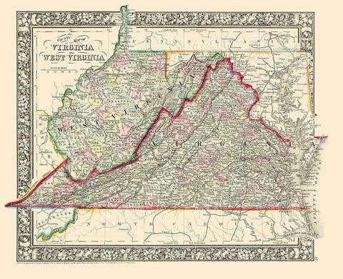 Virginia, West Virginia Counties - Mitchell 1863 White Modern Wood Framed Art Print with Double Matting by Mitchell