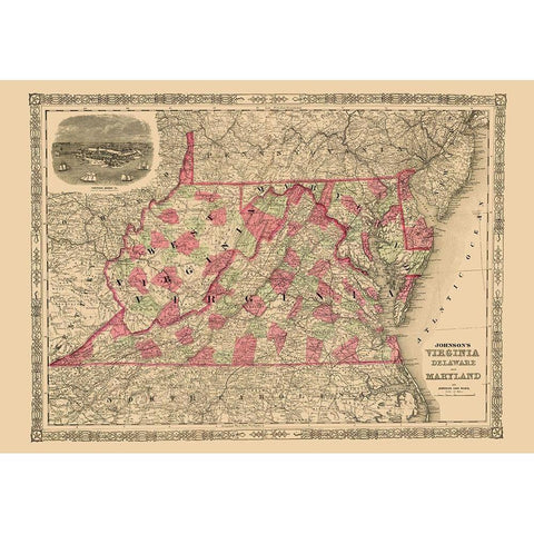 Virginia, Maryland, Delaware - Johnson 1864 Gold Ornate Wood Framed Art Print with Double Matting by Johnson