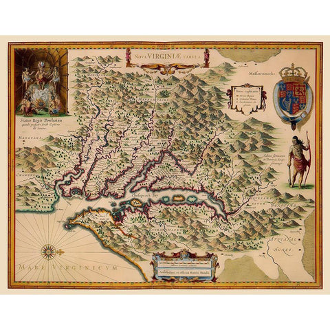 Virginia - Hondius 1633 Black Modern Wood Framed Art Print with Double Matting by Hondius