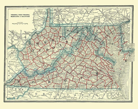 Virginia, West Virginia, Maryland, Delaware 1893 White Modern Wood Framed Art Print with Double Matting by Rathbun