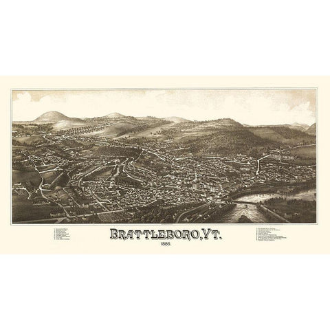 Brattleboro Vermont - Burleigh 1886 Gold Ornate Wood Framed Art Print with Double Matting by Burleigh