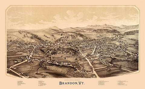 Brandon Vermont - Burleigh 1890  Black Ornate Wood Framed Art Print with Double Matting by Burleigh