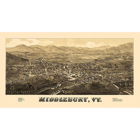 Middlebury Vermont - Burleigh 1886 Gold Ornate Wood Framed Art Print with Double Matting by Burleigh