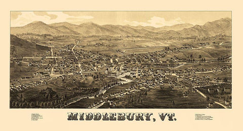 Middlebury Vermont - Burleigh 1886 Black Ornate Wood Framed Art Print with Double Matting by Burleigh