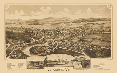 Vergennes Vermont - Burleigh 1890 Black Ornate Wood Framed Art Print with Double Matting by Burleigh