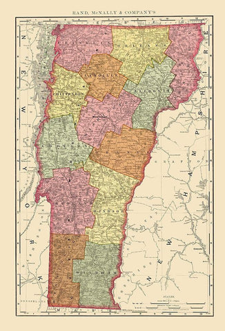 Vermont - Rand McNally 1897 White Modern Wood Framed Art Print with Double Matting by Rand McNally