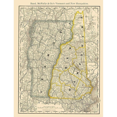 Vermont, New Hampshire - Rand McNally 1879 Gold Ornate Wood Framed Art Print with Double Matting by Rand McNally