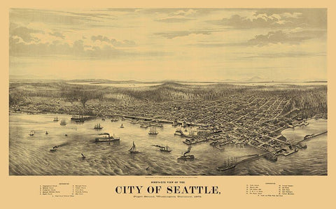 Seattle Washington - Glover 1878 Black Ornate Wood Framed Art Print with Double Matting by Glover