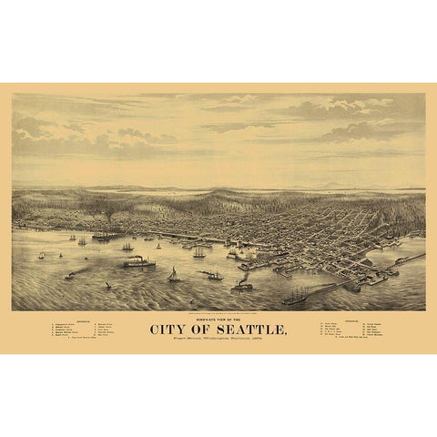 Seattle Washington - Glover 1878 Gold Ornate Wood Framed Art Print with Double Matting by Glover