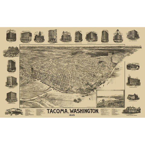 Tacoma Washington - Mcintyre 1893 Gold Ornate Wood Framed Art Print with Double Matting by Mcintyre