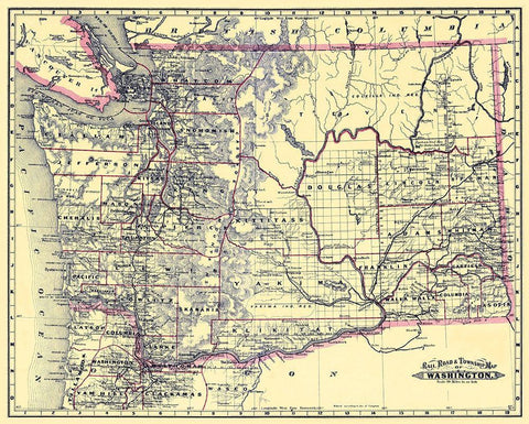 Washington Railroads and Townships - Grant 1887 Black Ornate Wood Framed Art Print with Double Matting by Grant