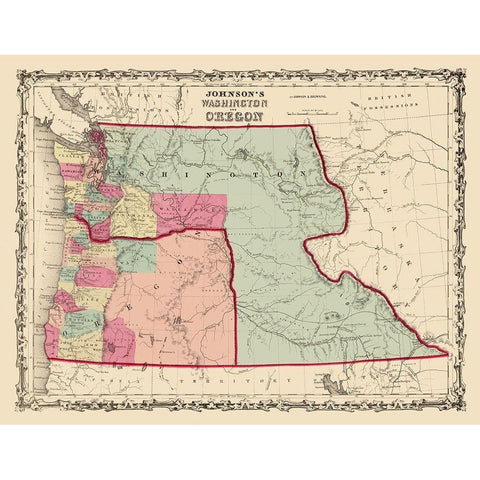 Washington, Oregon - Johnson 1860 Black Modern Wood Framed Art Print with Double Matting by Johnson