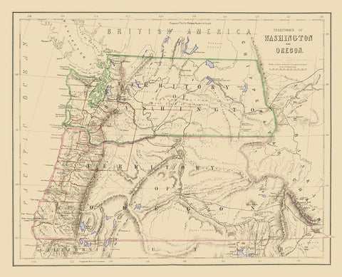Washington, Oregon Territories - Rogers 1857 Black Ornate Wood Framed Art Print with Double Matting by Rogers