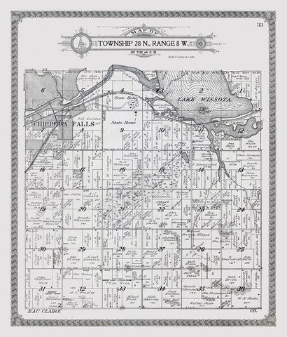 Chippewa Falls - Township 28 N., Range 8 W. White Modern Wood Framed Art Print with Double Matting by Unknown
