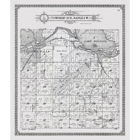 Chippewa Falls - Township 28 N., Range 8 W. Black Modern Wood Framed Art Print by Unknown