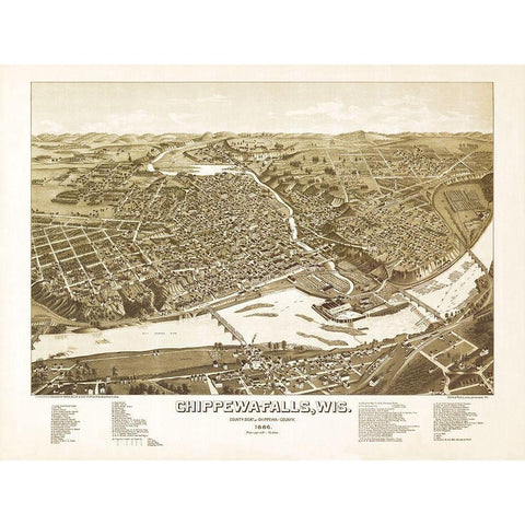 Chippewa Falls Wisconsin - Norris 1886  Black Modern Wood Framed Art Print with Double Matting by Norris