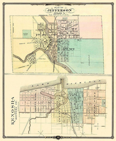 Kenosha, Jefferson Wisconsin - Snyder 1878 Black Ornate Wood Framed Art Print with Double Matting by Snyder