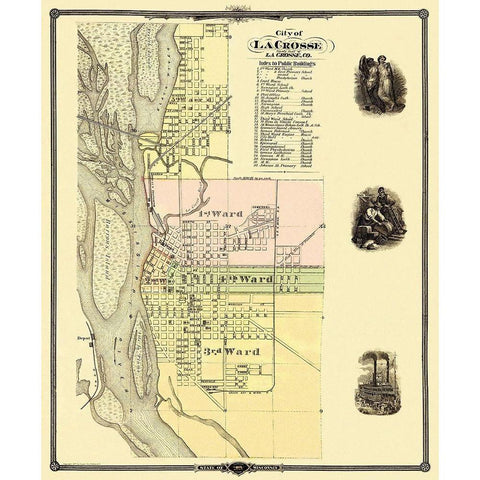 La Crosse Wisconsin - Snyder 1878 Gold Ornate Wood Framed Art Print with Double Matting by Snyder