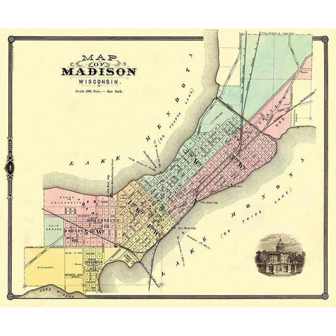 Madison Wisconsin - Snyder 1878 Gold Ornate Wood Framed Art Print with Double Matting by Snyder