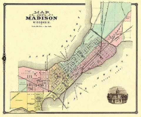 Madison Wisconsin - Snyder 1878 Black Ornate Wood Framed Art Print with Double Matting by Snyder