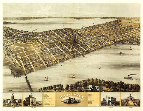 Madison Wisconsin - Norris 1867 Black Ornate Wood Framed Art Print with Double Matting by Norris