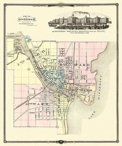 Oshkosh Wisconsin - Snyder 1878 Black Ornate Wood Framed Art Print with Double Matting by Snyder