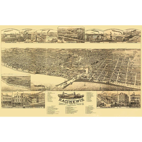 Racine Wisconsin - Stoner 1883  White Modern Wood Framed Art Print by Stoner