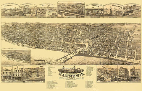 Racine Wisconsin - Stoner 1883  Black Ornate Wood Framed Art Print with Double Matting by Stoner