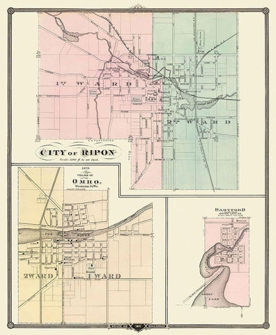 Ripon, Omro, Dartford Wisconsin - Snyder 1878 Black Ornate Wood Framed Art Print with Double Matting by Snyder