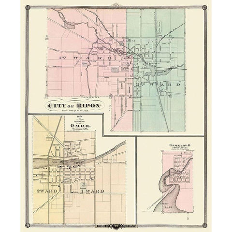 Ripon, Omro, Dartford Wisconsin - Snyder 1878 Gold Ornate Wood Framed Art Print with Double Matting by Snyder