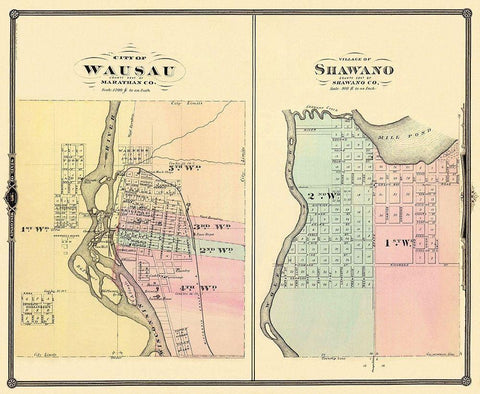 Wausau, Shawano Wisconsin - Snyder 1878 Black Ornate Wood Framed Art Print with Double Matting by Snyder