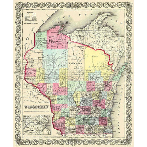 Wisconsin - Colton 1855 White Modern Wood Framed Art Print by Colton