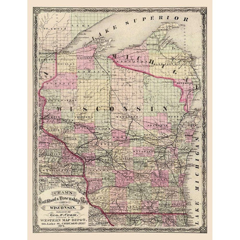 Wisconsin Railroads and Townships - Cram 1875 Gold Ornate Wood Framed Art Print with Double Matting by Cram