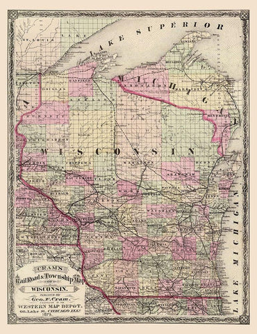 Wisconsin Railroads and Townships - Cram 1875 White Modern Wood Framed Art Print with Double Matting by Cram