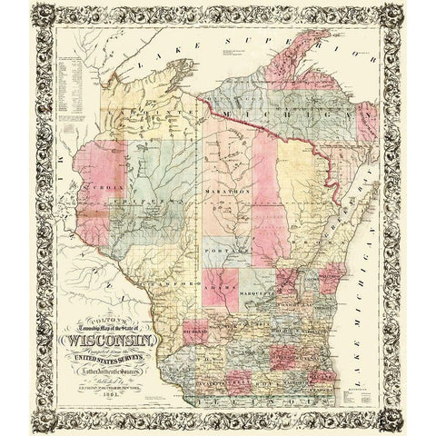 Wisconsin - Colton 1851  Black Modern Wood Framed Art Print with Double Matting by Colton