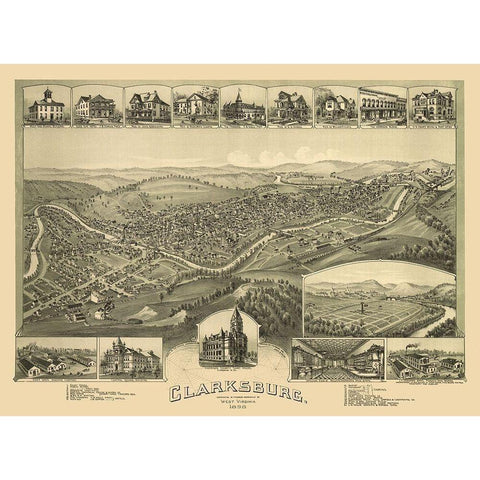Clarksburg West Virginia - Fowler 1898 White Modern Wood Framed Art Print by Fowler