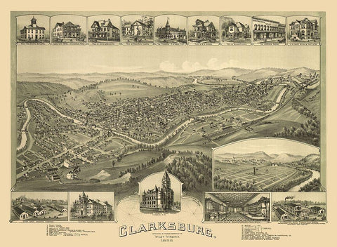Clarksburg West Virginia - Fowler 1898 White Modern Wood Framed Art Print with Double Matting by Fowler