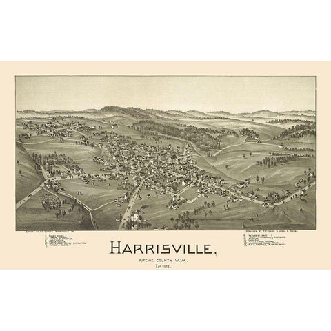 Harrisville West Virginia - Fowler 1899 Gold Ornate Wood Framed Art Print with Double Matting by Fowler