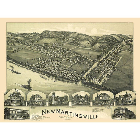 New Martinsville West Virginia - Fowler 1899 Gold Ornate Wood Framed Art Print with Double Matting by Fowler