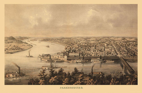 Parkersburg West Virginia - Hoen 1861 White Modern Wood Framed Art Print with Double Matting by Hoen