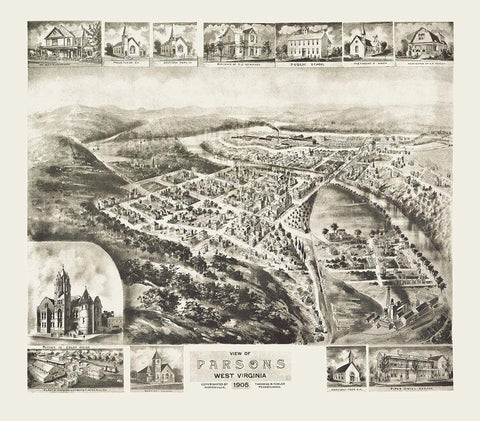 Parsons West Virginia - Fowler 1905 Black Ornate Wood Framed Art Print with Double Matting by Fowler