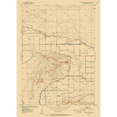 Lost Wells Butte Wyoming Quad - USGS 1952 Black Modern Wood Framed Art Print with Double Matting by USGS