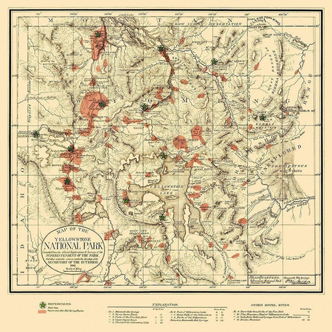 Yellowstone National Park - US Interior 1881 Gold Ornate Wood Framed Art Print with Double Matting by Interior Dept