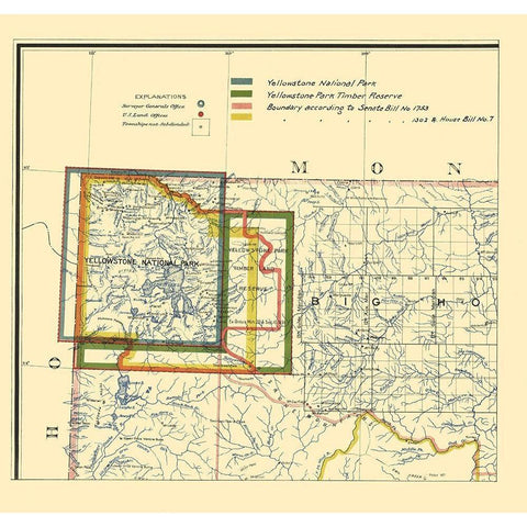 Yellowstone National Park Boundaries - 1895 Gold Ornate Wood Framed Art Print with Double Matting by Unknown