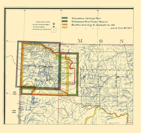 Yellowstone National Park Boundaries - 1895 White Modern Wood Framed Art Print with Double Matting by Unknown