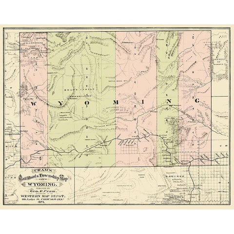 Wyoming Railroads and Townships - Cram 1875 White Modern Wood Framed Art Print by Cram