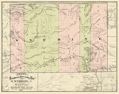 Wyoming Railroads and Townships - Cram 1875 Black Ornate Wood Framed Art Print with Double Matting by Cram