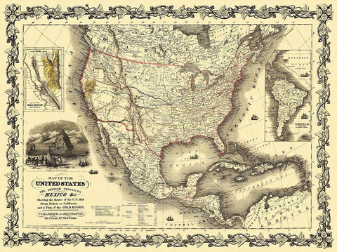 United States, Mexico - Colton 1849 Black Ornate Wood Framed Art Print with Double Matting by Colton