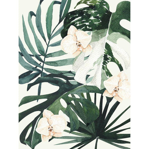 Tropical Leaves Green I Poster White Modern Wood Framed Art Print by Urban Road